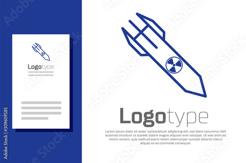Blue Nuclear rocket icon isolated on white background. Rocket bomb flies down. Logo design template element. Vector Illustration