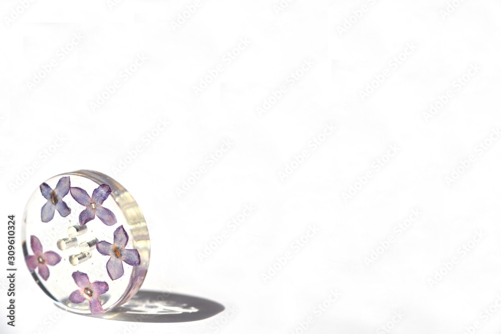 Beautiful violet button isolated on white background situated bottom left. Lilac flower in epoxy resin, suitable for text insert.