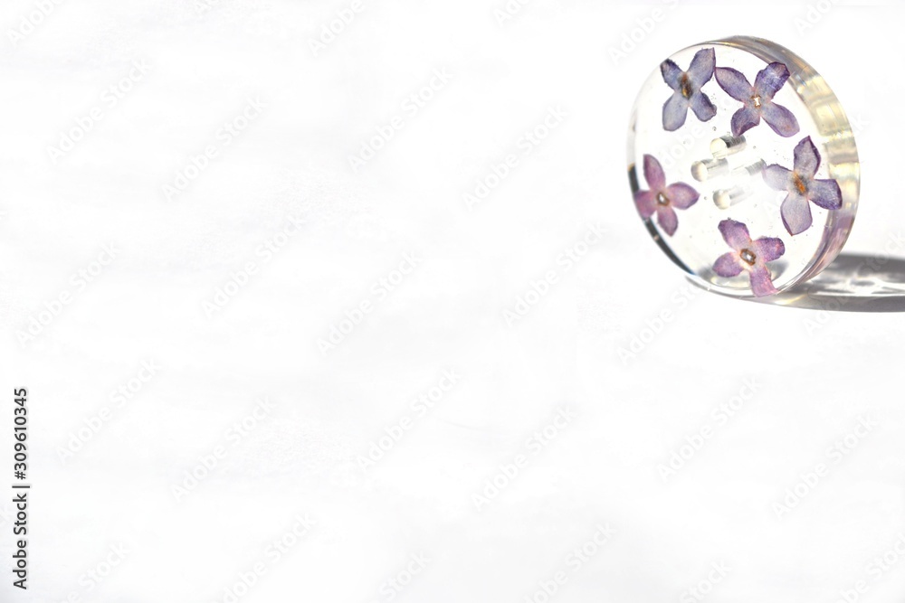 Beautiful violet button isolated on white background situated top right. Lilac flower in epoxy resin, suitable for text insert. Beautiful violet button isolated on white background situated top right. Lilac flower in epoxy resin, suitable for text insert.