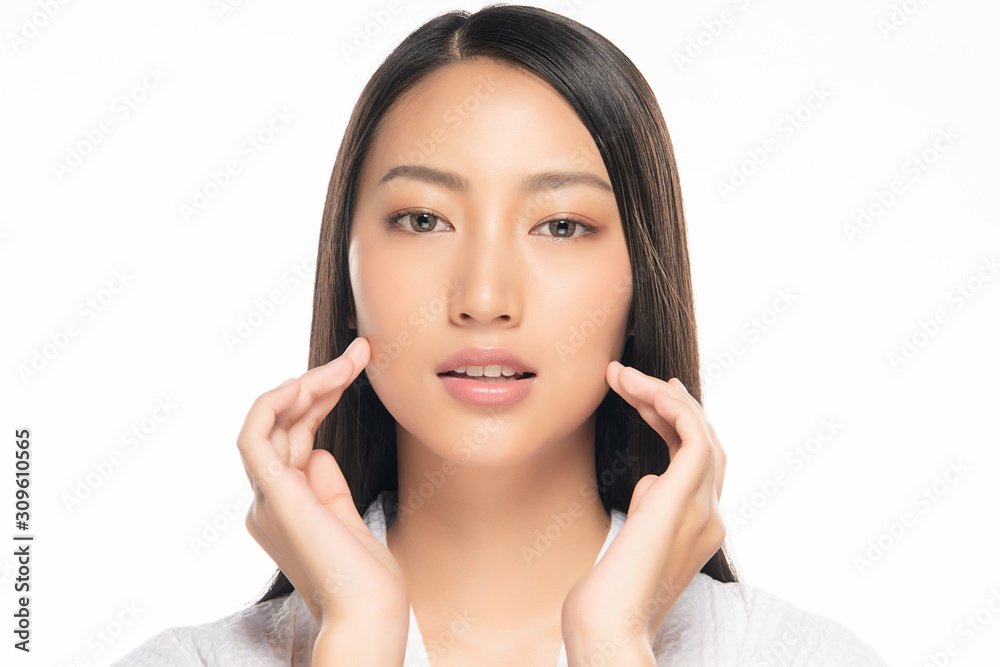 Beautiful Young Asian Woman with Clean Fresh Skin. Face care, Facial treatment, on white background, Beauty and Cosmetics Concept.