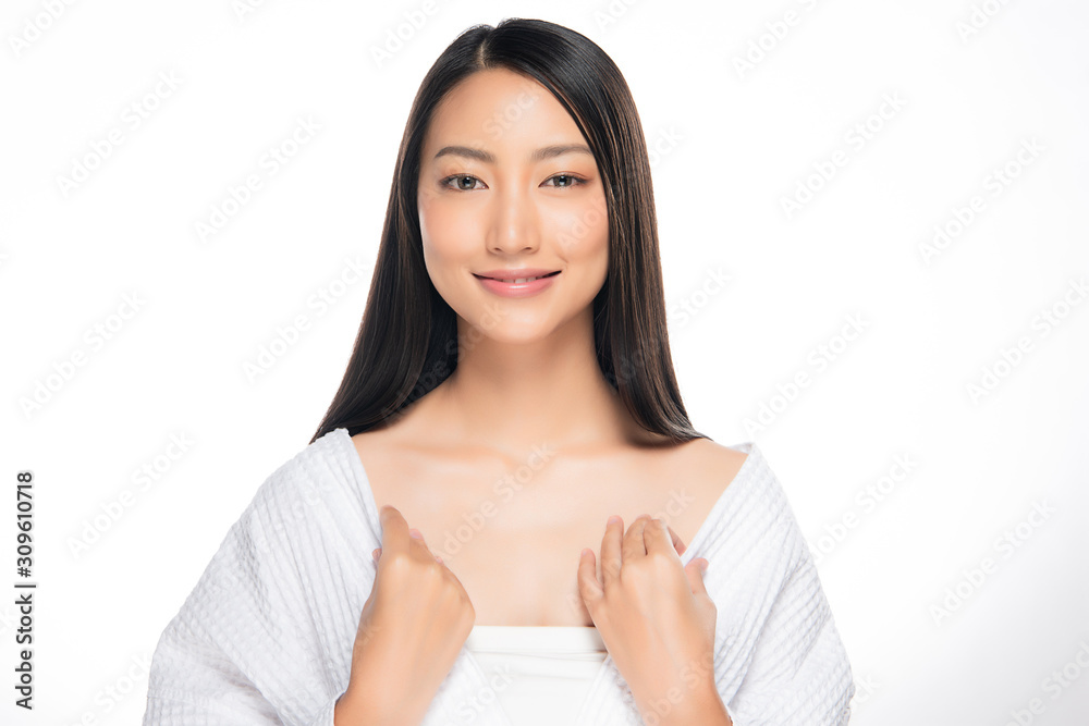 Beautiful Young Asian Woman with Clean Fresh Skin. Face care, Facial treatment, on white background, Beauty and Cosmetics Concept. Beautiful Young Asian Woman with Clean Fresh Skin. Face care, Facial treatment, on white background, Beauty and Cosmetics Concept.