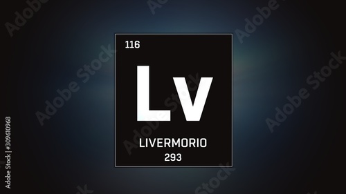 3D illustration of Livermorium as Element 116 of the Periodic Table. Grey illuminated atom design background with orbiting electrons. Name, atomic weight, element number in Spanish language