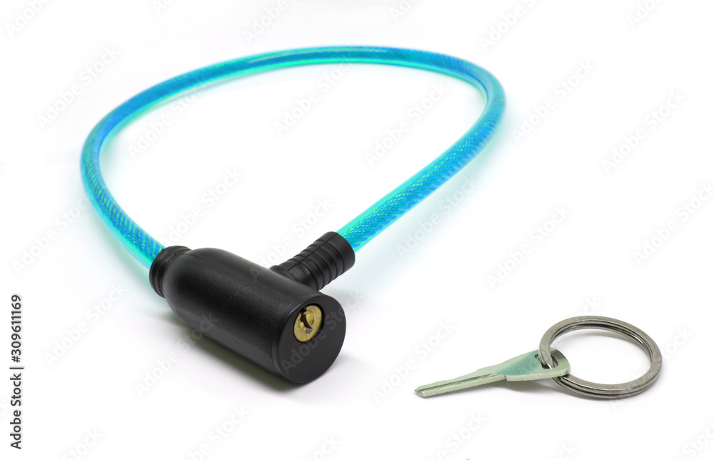 Blue bicycle lock for bike with key isolated on white background Blue bicycle lock for bike with key isolated on white background