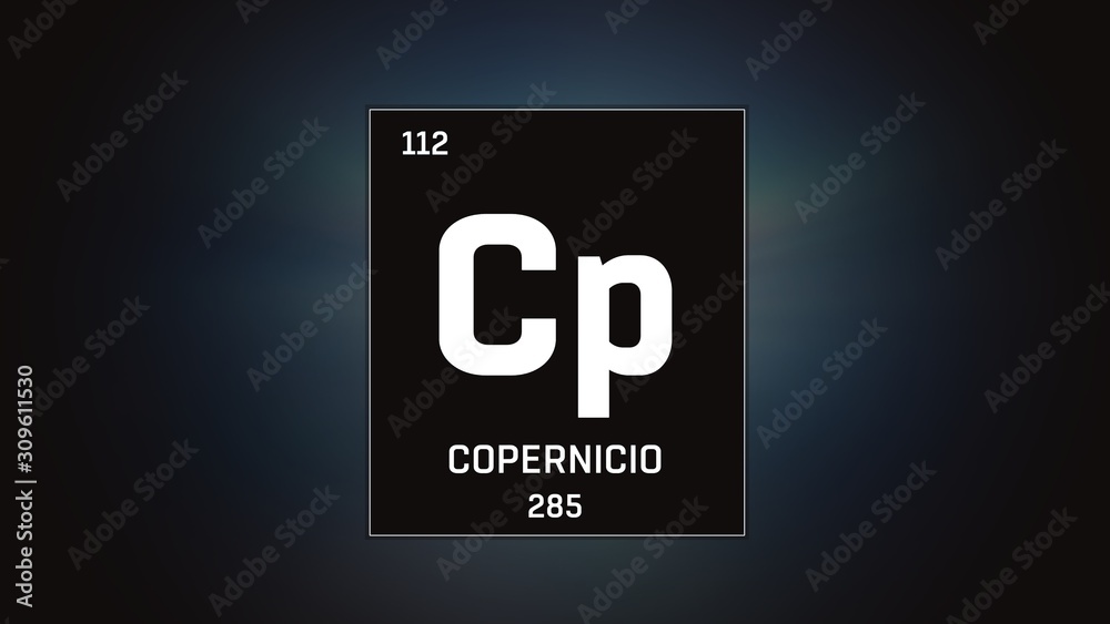 3D illustration of Copernicium as Element 112 of the Periodic Table. Grey illuminated atom design background with orbiting electrons. Name, atomic weight, element number in Spanish language 3D illustration of Copernicium as Element 112 of the Periodic Table. Grey illuminated atom design background with orbiting electrons. Name, atomic weight, element number in Spanish language
