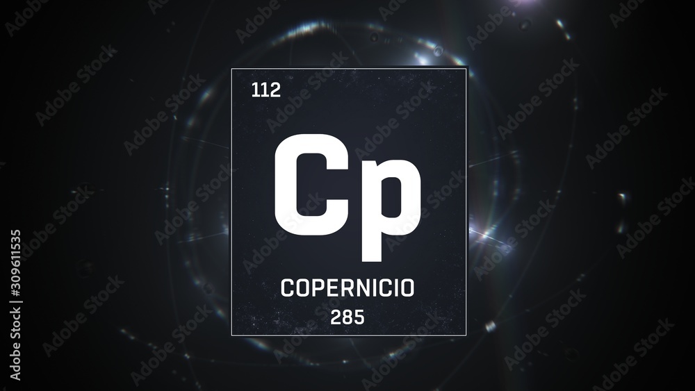 3D illustration of Copernicium as Element 112 of the Periodic Table. Silver illuminated atom design background with orbiting electrons. Name, atomic weight, element number in Spanish language 3D illustration of Copernicium as Element 112 of the Periodic Table. Silver illuminated atom design background with orbiting electrons. Name, atomic weight, element number in Spanish language