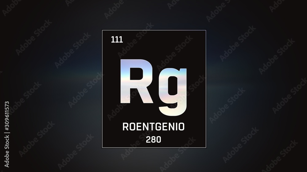 3D illustration of Roentgenium as Element 111 of the Periodic Table. Grey illuminated atom design background with orbiting electrons. Name, atomic weight, element number in Spanish language 3D illustration of Roentgenium as Element 111 of the Periodic Table. Grey illuminated atom design background with orbiting electrons. Name, atomic weight, element number in Spanish language