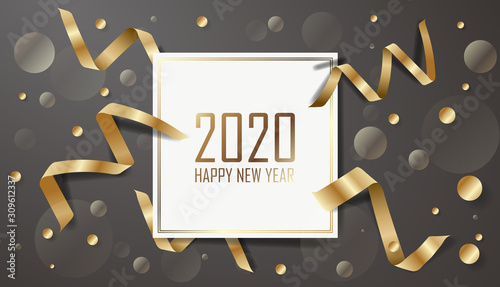  2020年　年賀状　ハッピーニューイヤー　ゴールドのリボンと黒い背景