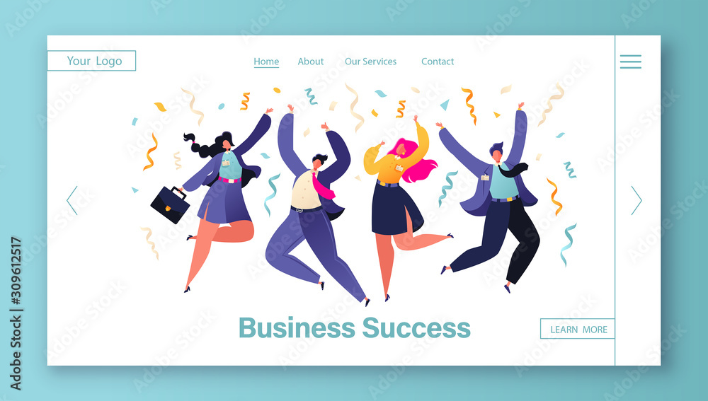 Template for website with happy colleagues, business people, managers team celebrating success or corporate holiday. Concept of landing page on business success, teamwork, achieving goals theme.