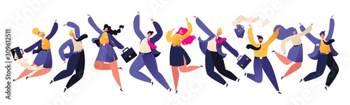 Group of joyful jumping business people with raised hands isolated on white background. Teamwork, business success, achieve results, goals and enrichment. Business competition concept.