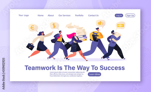 Teamwork, reach goal success, leadership and competition concept for website landing page. Group of different running businessmen to achieve results, goals and enrichment.  Web page banner.