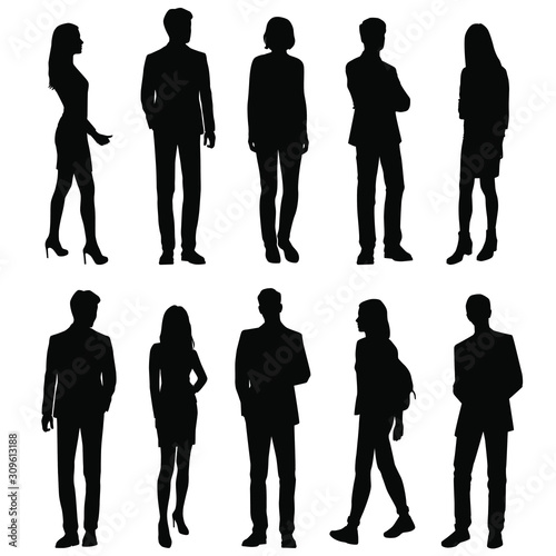 Vector silhouettes of  men and a women with backpack, a group of standing business people, black color isolated on white background