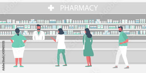 People in the pharmacy. The pharmacist stands near the shelves with medicines. There are visitors In the hall. Vector illustration