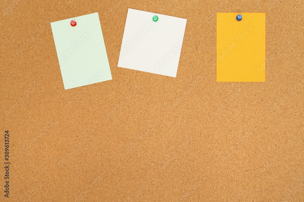 blank stinky notes pin on cork board. cork board with blank notes. blank stinky notes pin on cork board. cork board with blank notes.