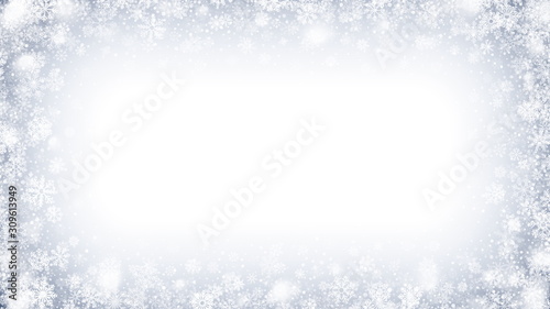 Vector Frozen Snow And Ice Effect Frame With Bright White Snowflakes And Lights Overlay On Light Blue Background. Merry Christmas And Happy New Year Holidays Abstract Illustration. Xmas Decor
