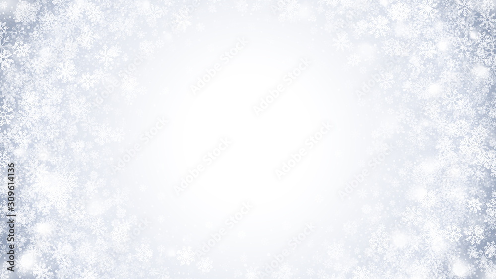 Vector Winter Swirling Snow Effect With Bright White Snowflakes And Lights On Light Blue Background. Merry Christmas And Happy New Year Holidays Abstract Illustration. Frozen Ice On Window Backdrop