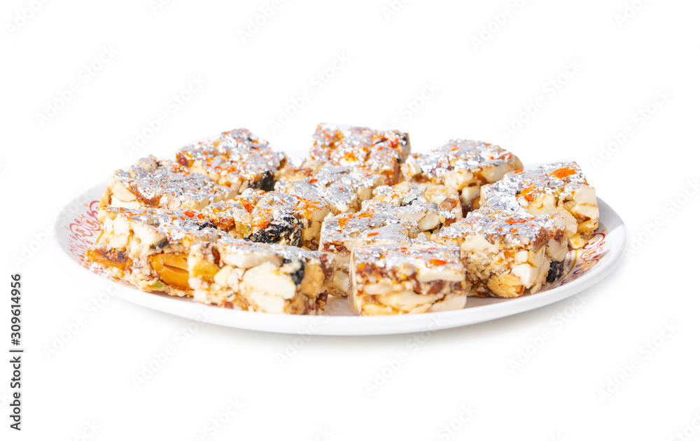 Indian Sweet Food Sugar Free Dry Fruits Isolated on White Background Indian Sweet Food Sugar Free Dry Fruits Isolated on White Background
