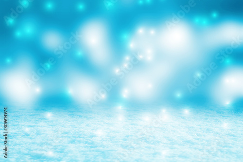 Snowy winter christmas background. Falling snow, snowflakes. Blurry bokeh lights