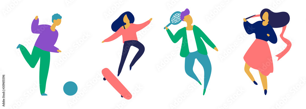 Group of young guys,athletes, team , , men and women isolated on white background. Vector illustration of flat design. Use in web projects and applications. includes tennis, , gymnastics,soccer Group of young guys,athletes, team , , men and women isolated on white background. Vector illustration of flat design. Use in web projects and applications. includes tennis, , gymnastics,soccer