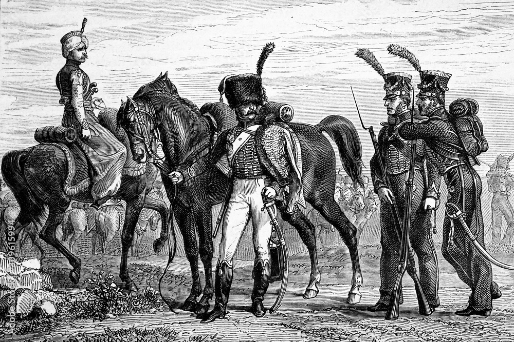Fototapeta Imperial guard: Mamluk, cavalry hunter and marine corps. Napoleonic wars. Antique illustration. 1890.