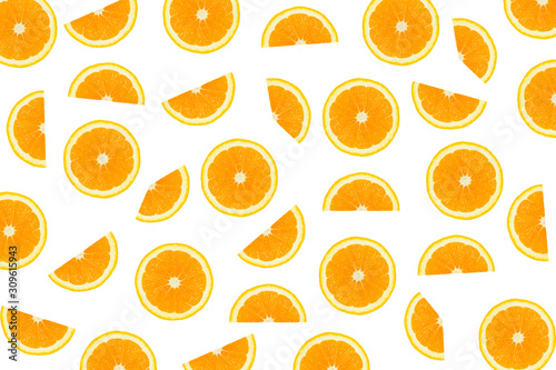 flat lay slice and cut of fresh orange isolated on white background