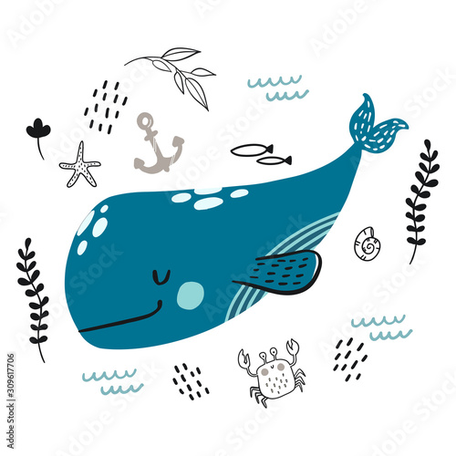 Canvas Print Vector doodle blue whale underwater life pattern