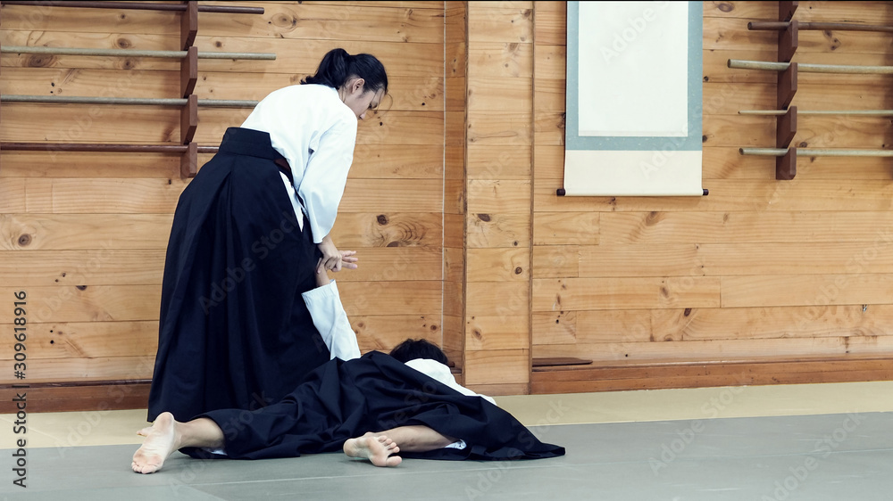 A Lady Aikido Martial Artists in Traditional Costume Illustrating Wrist / Hand / Arm Lock