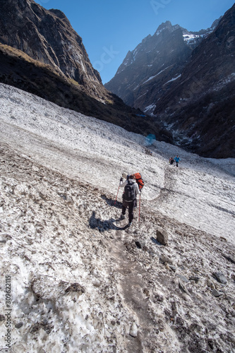 Trekker on the way to Annapurna base camp. Nepal © NIPATHORN