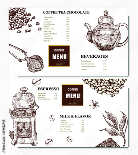 Coffee illustration. Hand drawn vector banner. Coffee beans, teapot, bag, Menu
