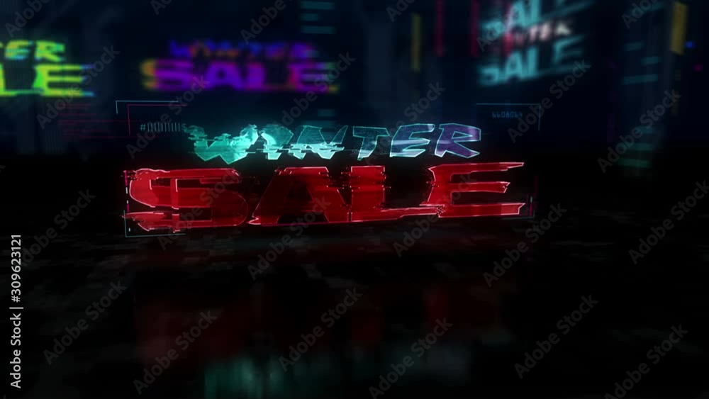 Winter sale futuristic cyberpunk style animation. Abstract modern cyber city 3d rendering with glitch effect. Modern cyberspace intro of discount, promotion, business, marketing and commercial.