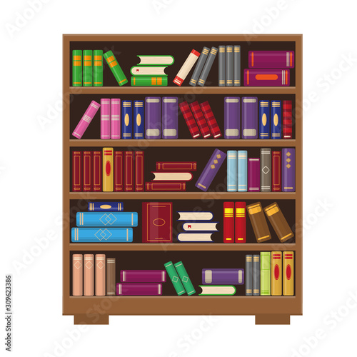 Brown wooden bookcase with colorful books.
