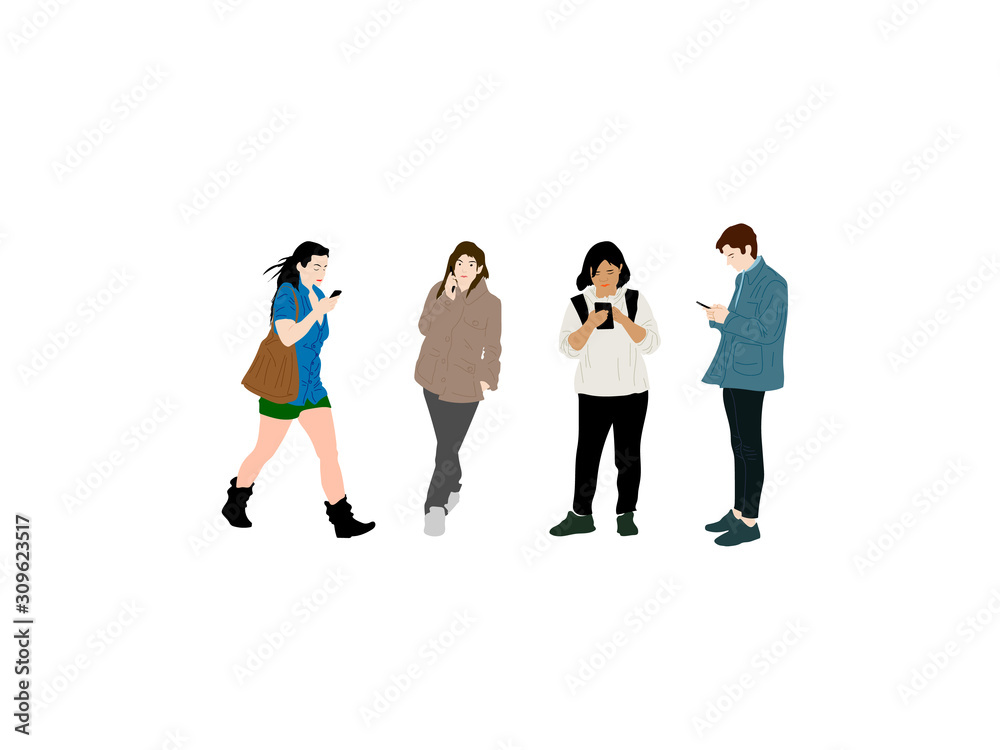 Young men and women holding smartphones and texting, talking, listening to music, taking selfie. flat cartoon vector illustration. Business meeting isolated characters on white background Young men and women holding smartphones and texting, talking, listening to music, taking selfie. flat cartoon vector illustration. Business meeting isolated characters on white background
