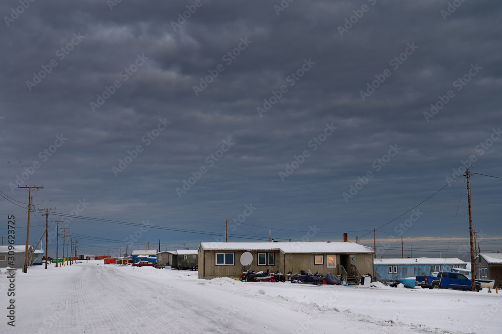 Dark clouds over Eskimo village of Kaktovik Alaska on the Beaufort Sea