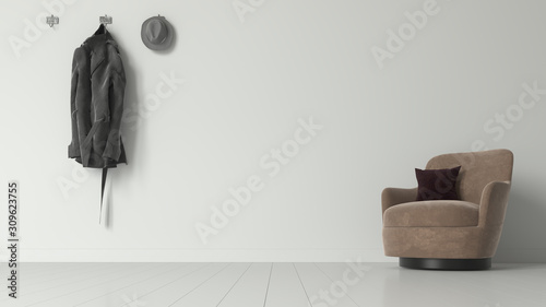 Fotografia 3d rendering of light brown sofa with velvet cushion and hanged grey coat and grey gentlemen's hat on a white wall
