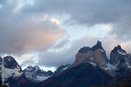 First light of dawn in the landscape of the Torres del Paine mountains in autumn, Torres del Paine National Park, Chile