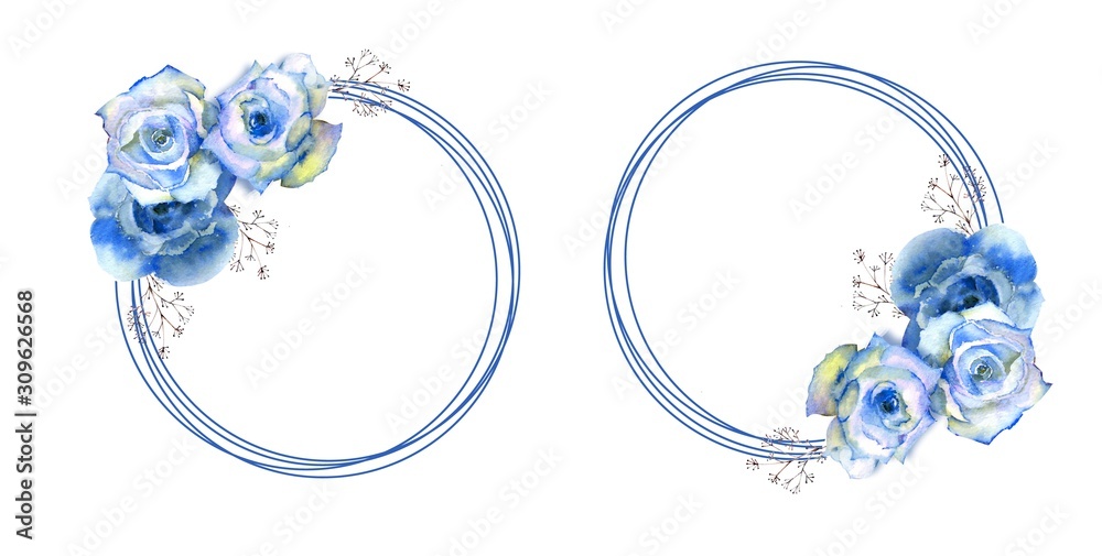 2 frames with blue rose flowers on round frame on white isolated ...