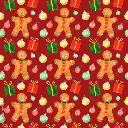 Watercolor seamless pattern with Christmas symbols  gingerbread man  gifts  holiday tree balls on red background for wrapping paper  greeting card  package and holiday decoration