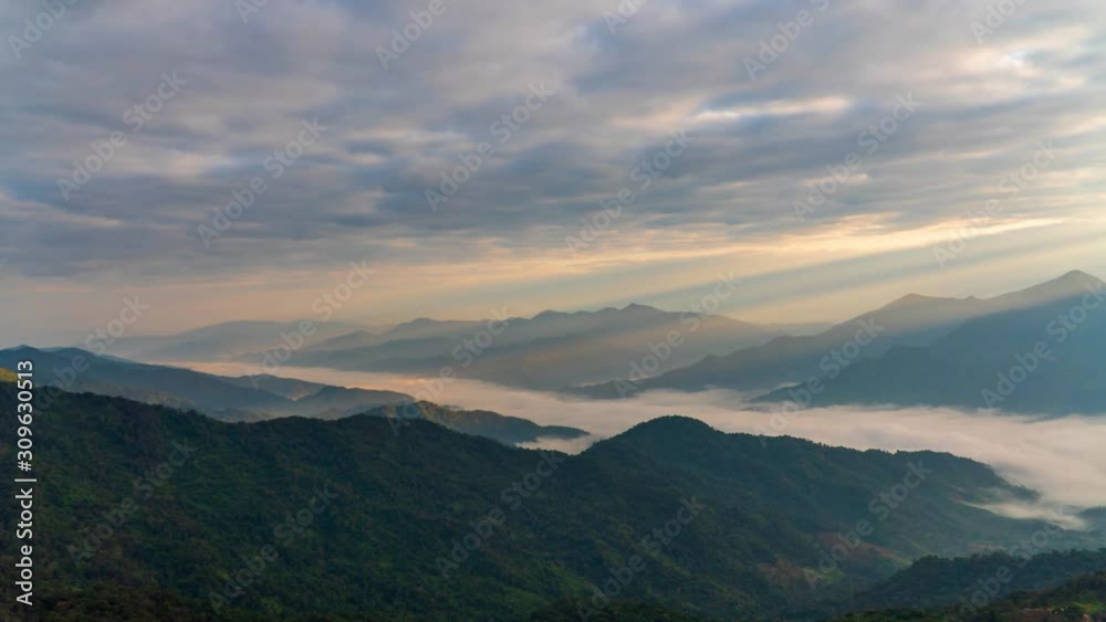 4K Timelapse landscape. Sun rising over mountains with fog and the light shines beautifully. Phucheefah Chiangrai, Thailand 4K Timelapse landscape. Sun rising over mountains with fog and the light shines beautifully. Phucheefah Chiangrai, Thailand