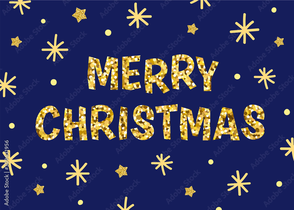 Merry Christmas hand lettering background. Vector template with font, stars and snowflakes.