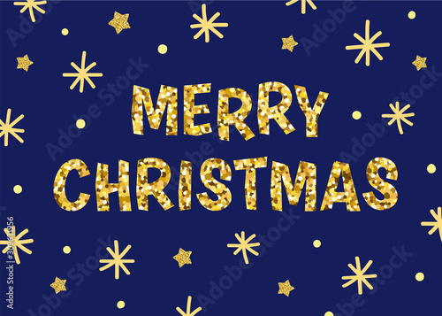 Merry Christmas hand lettering background. Vector template with font  stars and snowflakes.