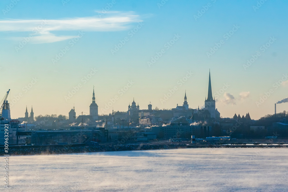 Areal view of Tallinn in winter time from sea