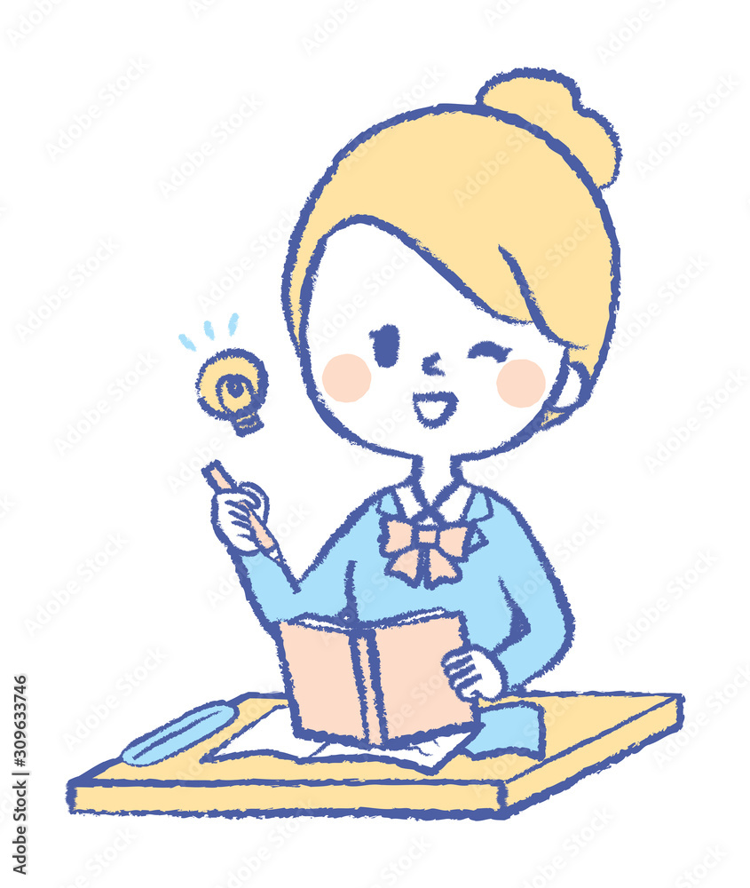 Illustration of high school girl studying