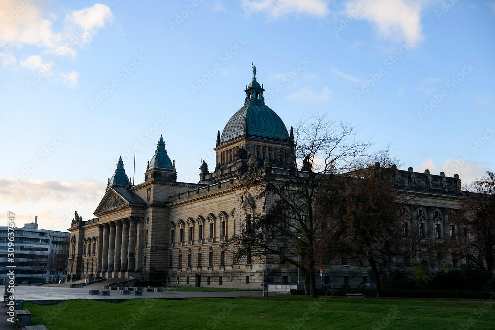 Building of Germany Federal Administrative Court in morning light. Historical part of Leipzig, Germany. November 2019