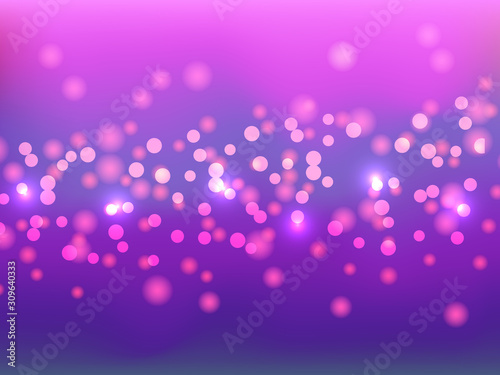Violet bokeh background. Festive defocused lights. Holiday glowing lilac lights with sparkles. Blurred bright abstract bokeh on color background.