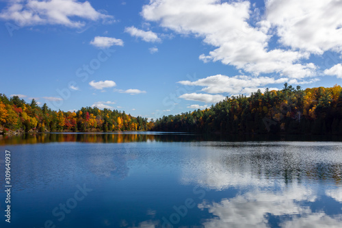 autumn in canada quebec pink lake stunning view on a sunny day