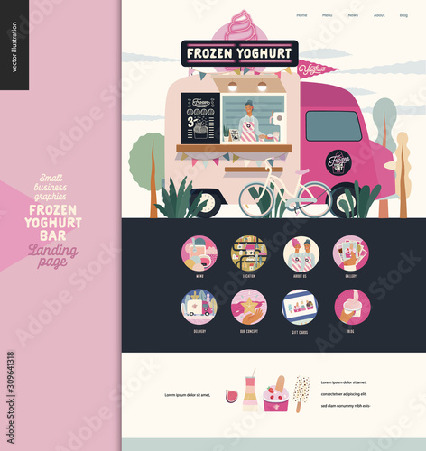 Frozen yoghurt bar - small business graphics - landing page design template - modern flat vector concept illustration of a dessert street food truck van, seller, menu, bicycle. Range of yoghurt and