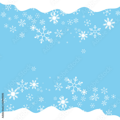 Christmas background with falling snowflakes on blue backgraund. Winter Sky. Vector illustration