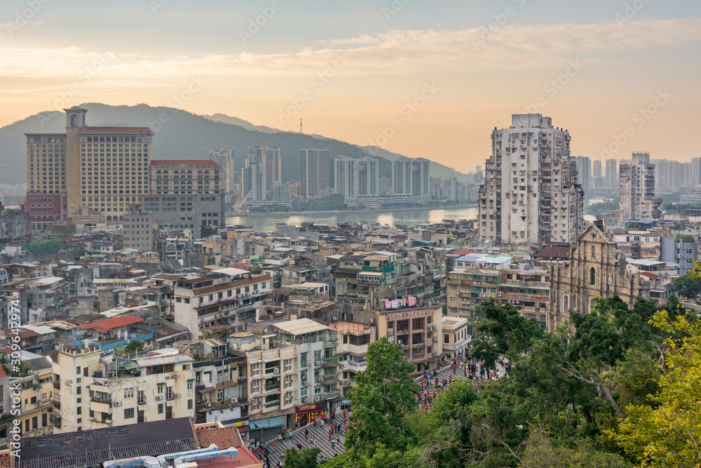 Obraz premium Panoramic view of the cityscape of Macau, China. Modern and old buildings of Macao city.