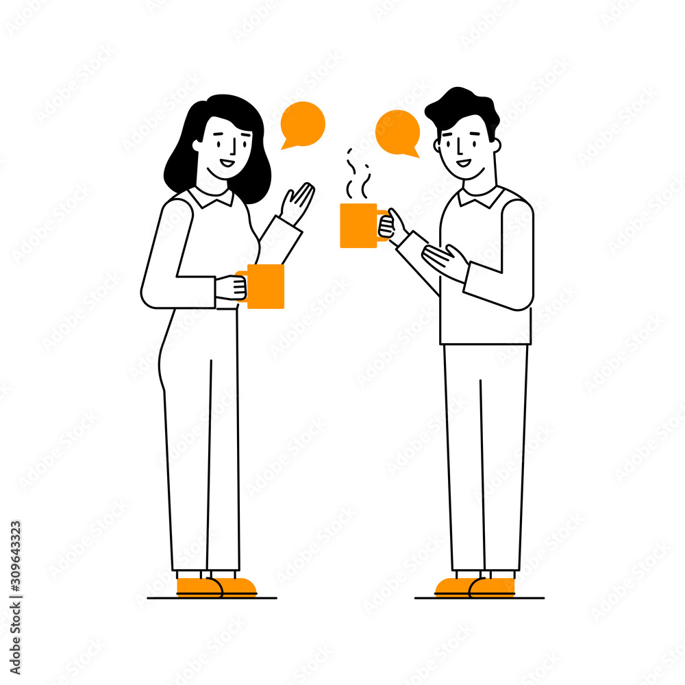 Coffee break, dialog between colleagues, woman and man vector illustration