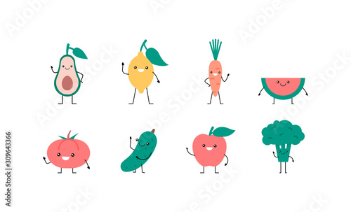 Fruits and vegetables icons. Vector kawaii illustration, cartoon style
