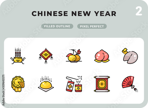 Chinese New Year Filled Icons Pack for UI. Pixel perfect thin line vector icon set for web design and website application.